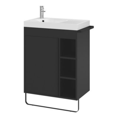 Ensemble meuble vasque faible profondeur noir avec porte-serviettes l.65 x H.82 x P.36 cm + plan vasque blanc résine + miroir, GoodHome Maza