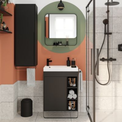 Ensemble meuble vasque faible profondeur noir avec porte-serviettes l.65 x H.82 x P.36 cm + plan vasque blanc résine + miroir, GoodHome Maza