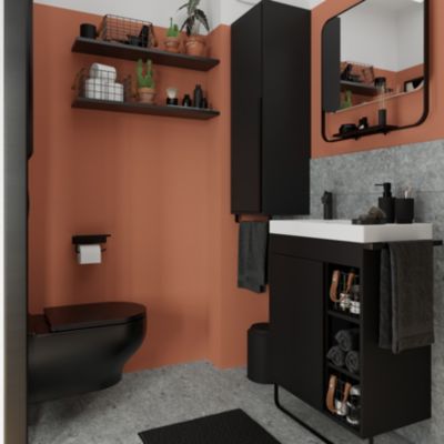 Ensemble meuble vasque faible profondeur noir avec porte-serviettes l.65 x H.82 x P.36 cm + plan vasque blanc résine + miroir, GoodHome Maza