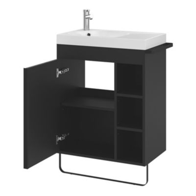 Ensemble meuble vasque faible profondeur noir avec porte-serviettes l.65 x H.82 x P.36 cm + plan vasque blanc résine + miroir, GoodHome Maza