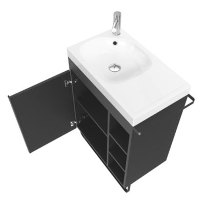 Ensemble meuble vasque faible profondeur noir avec porte-serviettes l.65 x H.82 x P.36 cm + plan vasque blanc résine + miroir, GoodHome Maza