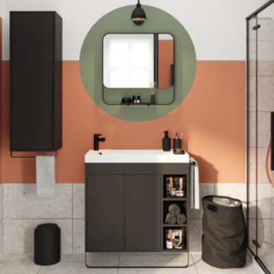 Ensemble meuble vasque faible profondeur noir avec porte-serviettes l.85 x H.82 x P.36 cm + plan vasque blanc résine + miroir, GoodHome Maza