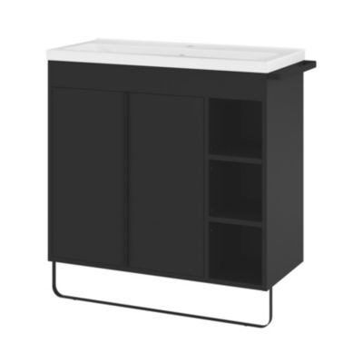 Ensemble meuble vasque faible profondeur noir avec porte-serviettes l.85 x H.82 x P.36 cm + plan vasque blanc résine + miroir, GoodHome Maza