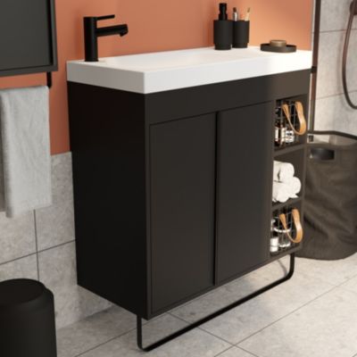 Ensemble meuble vasque faible profondeur noir avec porte-serviettes l.85 x H.82 x P.36 cm + plan vasque blanc résine + miroir, GoodHome Maza