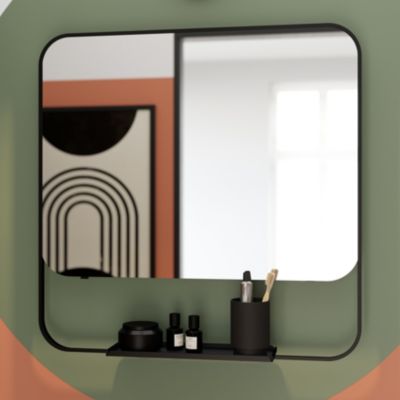 Ensemble meuble vasque faible profondeur noir avec porte-serviettes l.85 x H.82 x P.36 cm + plan vasque blanc résine + miroir, GoodHome Maza