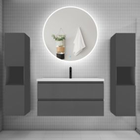 Ensemble meuble vasque L.100cm 2 tiroirs + lavabo + LED miroir rond 100cm + 2 colonne,anthracite A