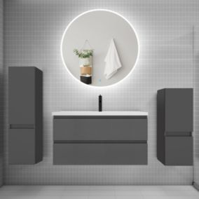 Ensemble meuble vasque L.100cm 2 tiroirs + lavabo + LED miroir rond 100cm + 2 colonne,anthracite