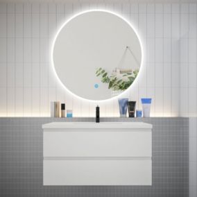 Ensemble meuble vasque L.100cm 2 tiroirs + lavabo + LED miroir rond 100cm,blanc,easy