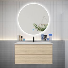 Ensemble meuble vasque L.100cm 2 tiroirs + lavabo + LED miroir rond 100cm,chêne, easy