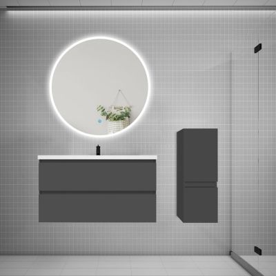 Ensemble meuble vasque L.100cm 2 tiroirs + lavabo + LED miroir rond 100cm + colonne,anthracite