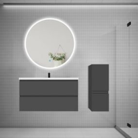 Ensemble meuble vasque L.100cm 2 tiroirs + lavabo + LED miroir rond 100cm + colonne,anthracite