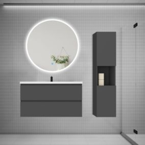 Ensemble meuble vasque L.100cm 2 tiroirs + lavabo + LED miroir rond 100cm + colonne,anthracite