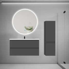 Ensemble meuble vasque L.100cm 2 tiroirs + lavabo + LED miroir rond 100cm + colonne B,anthracite