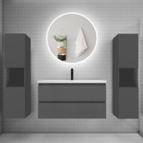 Ensemble meuble vasque L.100cm 2 tiroirs + lavabo + LED miroir rond 90cm + 2 colonne,anthracite A