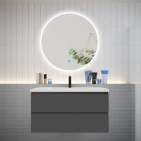 Ensemble meuble vasque L.100cm 2 tiroirs + lavabo + LED miroir rond 90cm,anthracite, easy