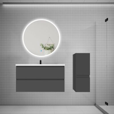 Ensemble meuble vasque L.100cm 2 tiroirs + lavabo + LED miroir rond 90cm + colonne,anthracite