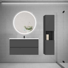 Ensemble meuble vasque L.100cm 2 tiroirs + lavabo + LED miroir rond 90cm + colonne,anthracite