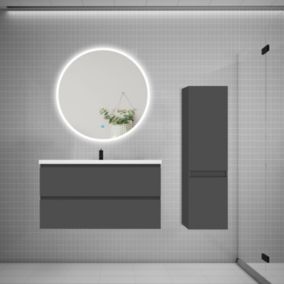 Ensemble meuble vasque L.100cm 2 tiroirs + lavabo + LED miroir rond 90cm + colonne B,anthracite