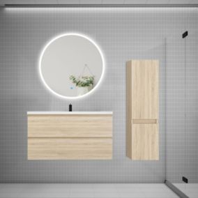 Ensemble meuble vasque L.100cm 2 tiroirs + lavabo + LED miroir rond 90cm + colonne C,chêne