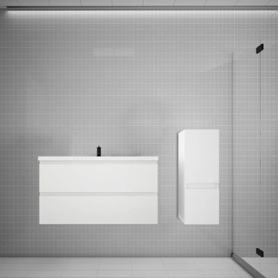 Ensemble meuble vasque L.100cm blanc 2 tiroirs + colonne + lavabo