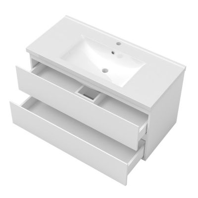 Ensemble meuble vasque L.100cm blanc 2 tiroirs + colonne + lavabo