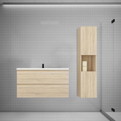 Ensemble meuble vasque L.100cm chêne 2 tiroirs + lavabo + colonne