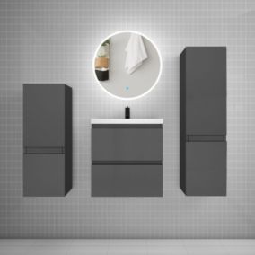 Ensemble meuble vasque L.50cm 2 tiroirs + lavabo + LED miroir rond 60cm + 2 colonne,anthracite