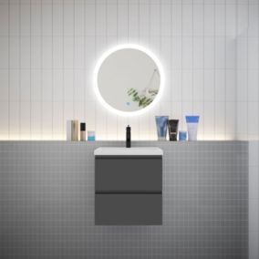 Ensemble meuble vasque L.50cm 2 tiroirs + lavabo + LED miroir rond 60cm,anthracite,A