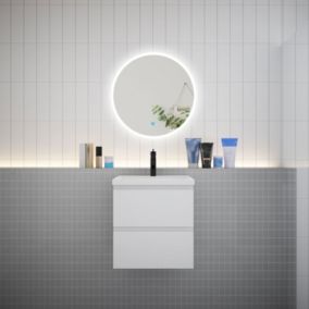 Ensemble meuble vasque L.50cm 2 tiroirs + lavabo + LED miroir rond 60cm,blanc