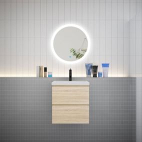 Ensemble meuble vasque L.50cm 2 tiroirs + lavabo + LED miroir rond 60cm,chêne,A