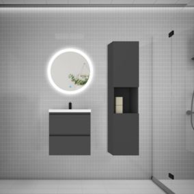 Ensemble meuble vasque L.50cm 2 tiroirs + lavabo + LED miroir rond 60cm + colonne, anthracite, design