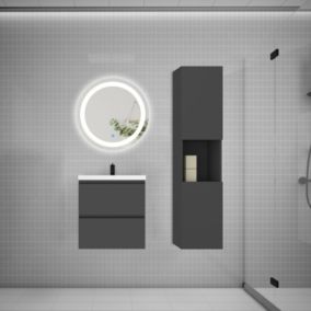 Ensemble meuble vasque L.50cm 2 tiroirs + lavabo + LED miroir rond 60cm + colonne,anthracite,easy