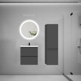 Ensemble meuble vasque L.50cm 2 tiroirs + lavabo + LED miroir rond 60cm + colonne B,anthracite easy