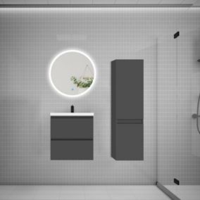 Ensemble meuble vasque L.50cm 2 tiroirs + lavabo + LED miroir rond 60cm + colonne B,anthracite