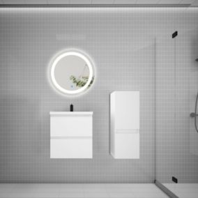 Ensemble meuble vasque L.50cm 2 tiroirs + lavabo + LED miroir rond 60cm + colonne,blanc,style