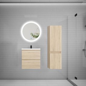 Ensemble meuble vasque L.50cm 2 tiroirs + lavabo + LED miroir rond 60cm + colonne C,chêne easy