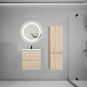 Ensemble meuble vasque L.50cm 2 tiroirs + lavabo + LED miroir rond 60cm + colonne,chêne easy