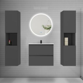 Ensemble meuble vasque L.60cm 2 tiroirs + lavabo + LED miroir rond 60cm + 2 colonne,anthracite A