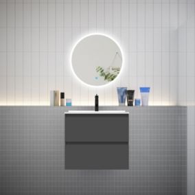 Ensemble meuble vasque L.60cm 2 tiroirs + lavabo + LED miroir rond 60cm,anthracite