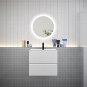 Ensemble meuble vasque L.60cm 2 tiroirs + lavabo + LED miroir rond 60cm,blanc design