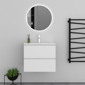 Ensemble meuble vasque L.60cm 2 tiroirs + lavabo + LED miroir rond 60cm,blanc,modèle A