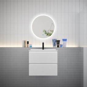 Ensemble meuble vasque L.60cm 2 tiroirs + lavabo + LED miroir rond 60cm,blanc