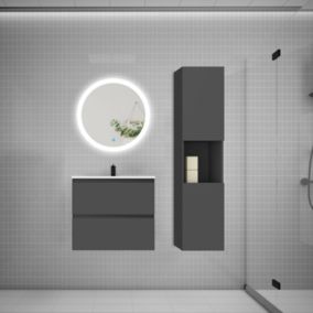 Ensemble meuble vasque L.60cm 2 tiroirs + lavabo + LED miroir rond 60cm + colonne,anthracite,design