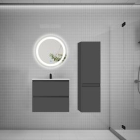 Ensemble meuble vasque L.60cm 2 tiroirs + lavabo + LED miroir rond 60cm + colonne,anthracite easy