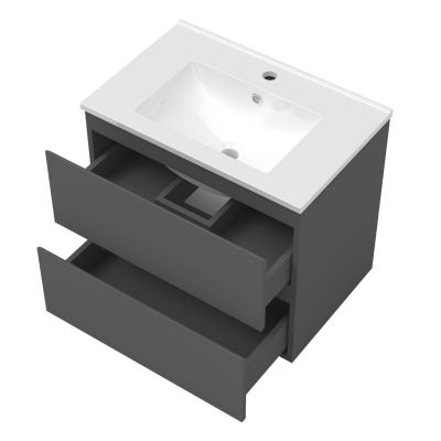 Ensemble meuble vasque L.60cm 2 tiroirs + lavabo + LED miroir rond 60cm + colonne,anthracite meuble