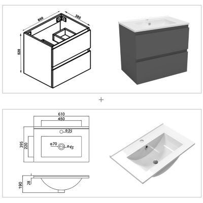 Ensemble meuble vasque L.60cm 2 tiroirs + lavabo + LED miroir rond 60cm + colonne,anthracite meuble