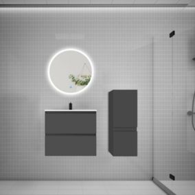 Ensemble meuble vasque L.60cm 2 tiroirs + lavabo + LED miroir rond 60cm + colonne,anthracite