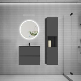 Ensemble meuble vasque L.60cm 2 tiroirs + lavabo + LED miroir rond 60cm + colonne,anthracite