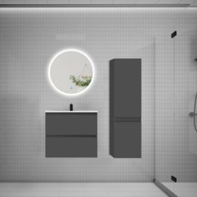 Ensemble meuble vasque L.60cm 2 tiroirs + lavabo + LED miroir rond 60cm + colonne B,anthracite