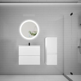 Ensemble meuble vasque L.60cm 2 tiroirs + lavabo + LED miroir rond 60cm + colonne,blanc A